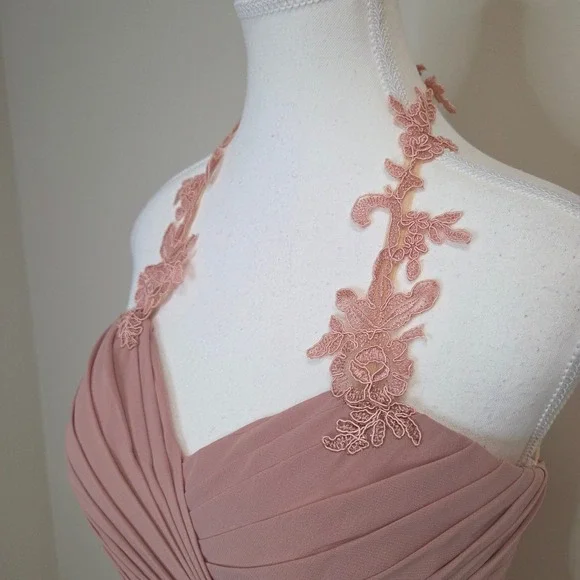 JJ's House Dusty Rose Chiffon Lace Halter Neck Formal Evening Gown Dress - Picture 7 of 9